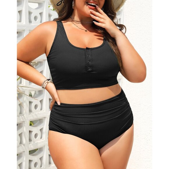 Plus Size 2 Piece Swimsuit Women's 24 PLUS Black High Waisted Bikini Ribbed NEW! - Picture 3 of 6